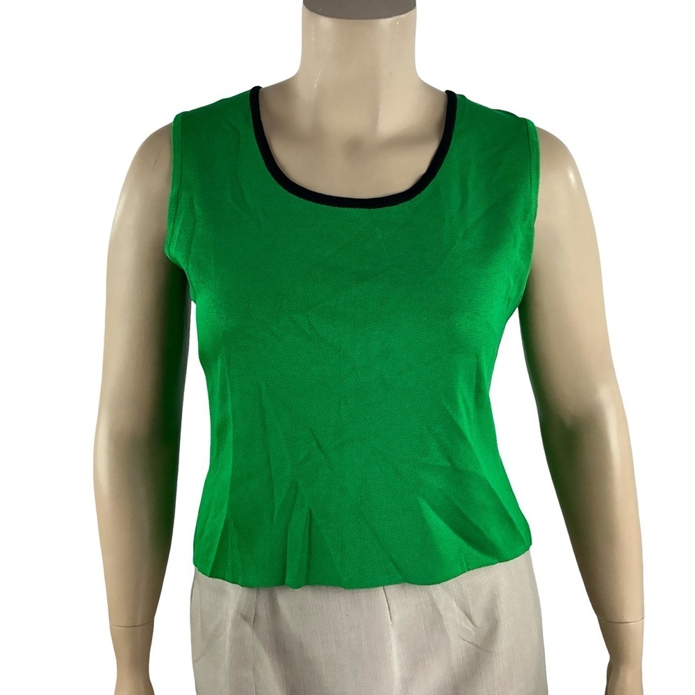 Ming Wang Knit Tank Shell Green Black Trim Scoop Neck Size L